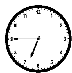 Relógio analógico com o ponteiro das horas entre o 6 e o 7 e o ponteiro dos minutos no 9.