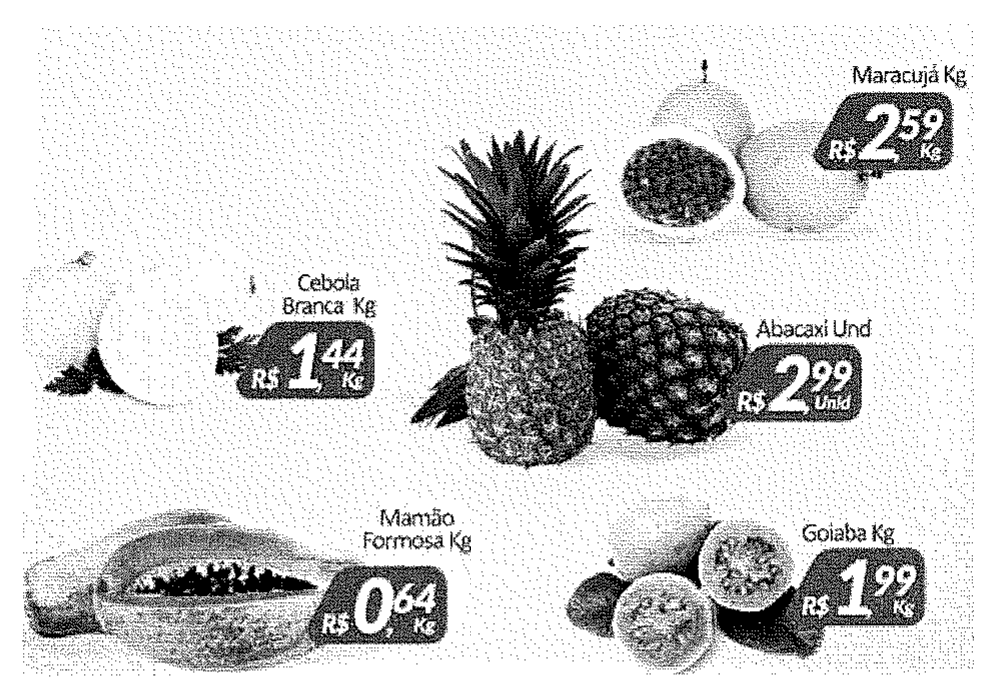 Encarte de mercado com frutas e etiquetas de preço: Maracujá Kg R$ 2,59; Cebola Branca Kg R$ 1,44; Abacaxi Und R$ 2,99; Mamão Formosa Kg R$ 0,64; Goiaba Kg R$ 1,99.
