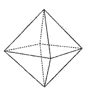 Desenho em perspectiva de um octaedro (duas pirâmides de base quadrada unidas pela base), com arestas ocultas tracejadas.
