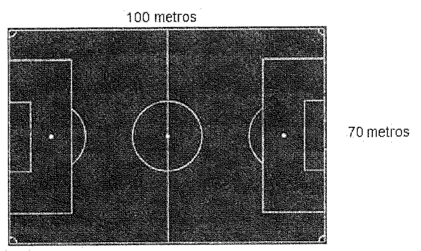 Campo de futebol retangular visto de cima, com a indicação de 100 metros no lado maior e 70 metros no lado menor.