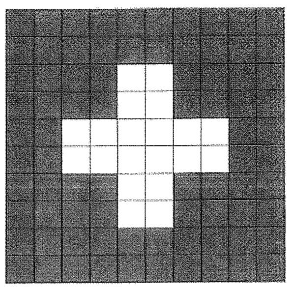 Bandeira quadrada escura sobre malha quadriculada de 10 por 10, com uma cruz branca central formada por quadradinhos da malha.