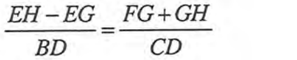 Igualdade de razões: (EH menos EG) sobre BD igual a (FG mais GH) sobre CD.