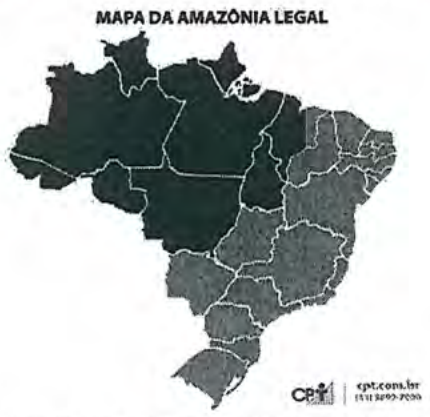Mapa do Brasil intitulado "Mapa da Amazônia Legal", com os estados da Amazônia Legal em tom mais escuro.