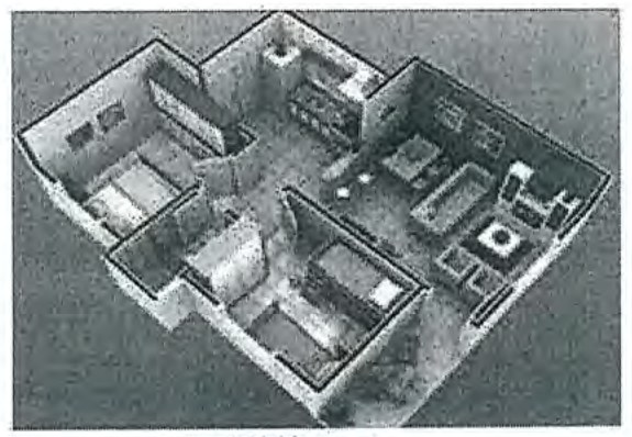 Fotografia de uma maquete de apartamento vista de cima, com quartos, sala e mobília.