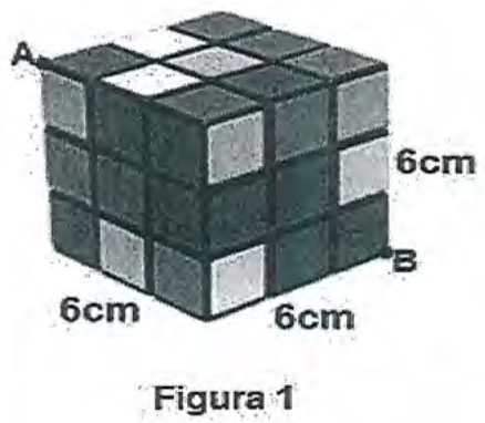 Figura 1: cubo mágico com arestas de 6 cm; ponto A em um vértice superior e ponto B no vértice inferior oposto.