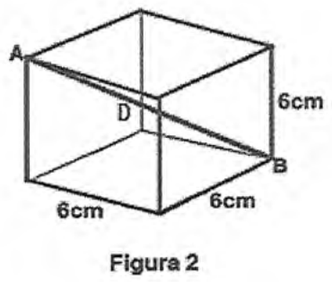 Figura 2: cubo de arestas 6 cm com o segmento D ligando o vértice A ao vértice oposto B, atravessando o interior do cubo.