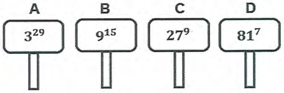 Quatro placas: A com 3 elevado a 29; B com 9 elevado a 15; C com 27 elevado a 9; D com 81 elevado a 7.
