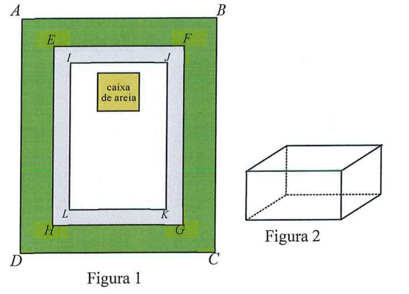 Figura 1: parque retangular ABCD com borda verde (grama); dentro, o retângulo EFGH com faixa cinza (pista de corrida) contornando o retângulo IJKL, no qual há uma caixa de areia. Figura 2: desenho em perspectiva de um paralelepípedo (tanque de areia).