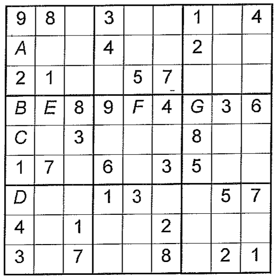 Quadro de Sudoku 9 por 9 parcialmente preenchido, com as letras A, B, C, D, E, F e G em algumas células vazias.