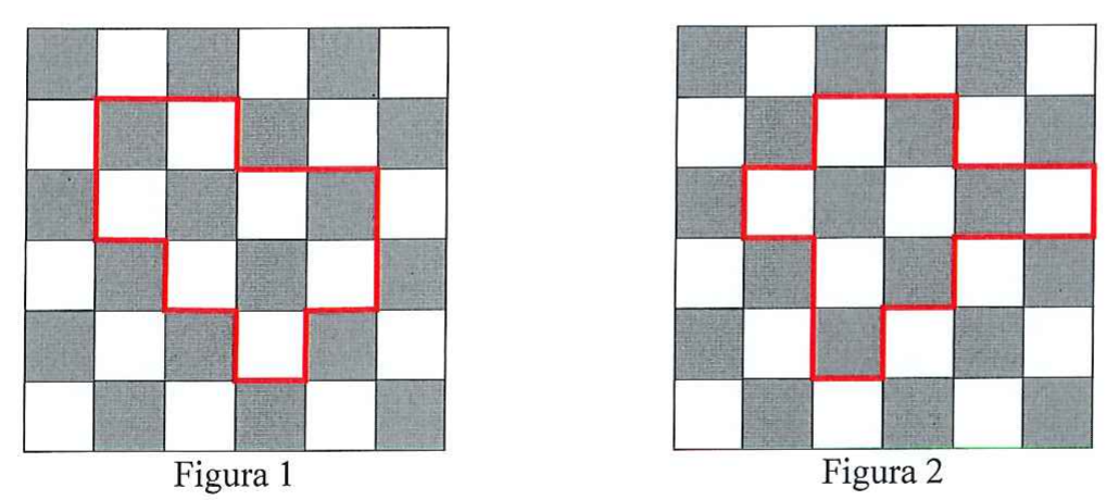 Figura 1 e Figura 2: dois tabuleiros quadriculados de 6 por 6 casas, alternando cinza e branco, cada um com uma figura formada por casas cujo contorno está destacado em vermelho.