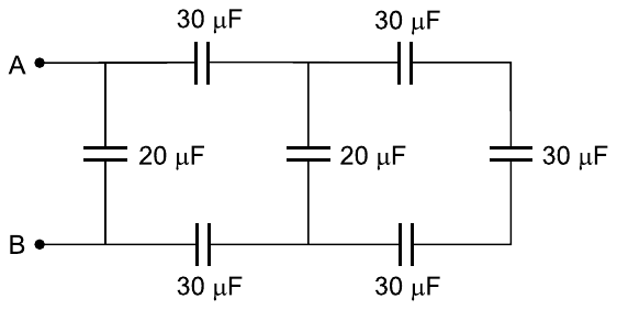 Circuito em escada entre os terminais A e B: no ramo superior, dois capacitores de 30 µF em série; no ramo inferior, dois capacitores de 30 µF em série; três capacitores verticais ligando os ramos: 20 µF junto aos terminais, 20 µF no nó central e 30 µF na extremidade direita.