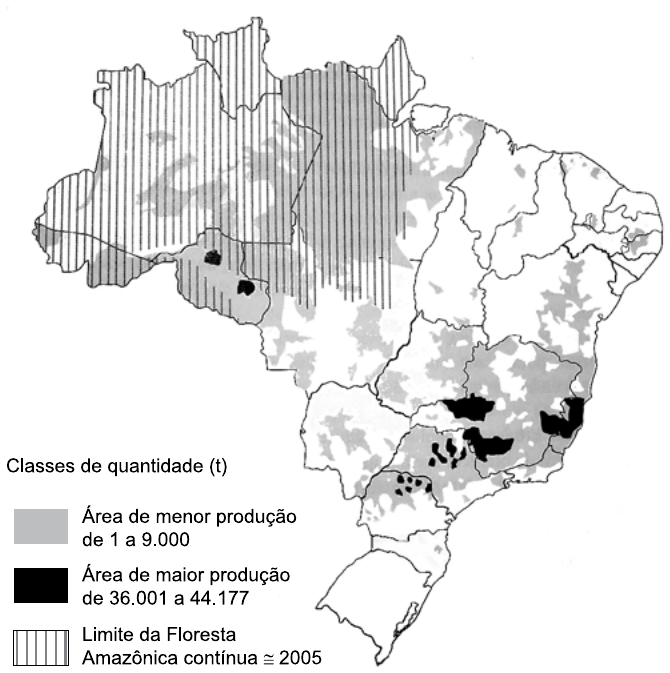 Mapa do Brasil com áreas produtoras de um cultivo agrícola. Legenda “Classes de quantidade (t)”: cinza = área de menor produção, de 1 a 9.000; preto = área de maior produção, de 36.001 a 44.177; hachura vertical = limite da Floresta Amazônica contínua ≅ 2005. As áreas pretas concentram-se em Minas Gerais, Espírito Santo, São Paulo, Paraná e em pequenos trechos de Rondônia.