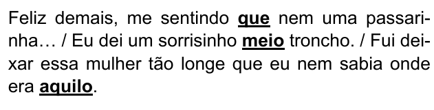 Trecho: “Feliz demais, me sentindo que nem uma passarinha… / Eu dei um sorrisinho meio troncho. / Fui deixar essa mulher tão longe que eu nem sabia onde era aquilo.”, com “que”, “meio” e “aquilo” em negrito e sublinhados.