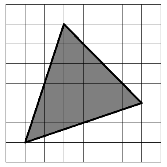 Malha quadriculada de 8 por 8 quadrados com um triângulo cinza cujos vértices estão sobre pontos da malha.