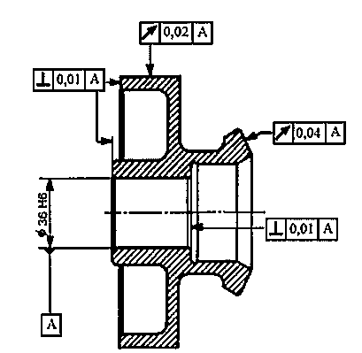 Desenho em corte de peça com furo de diâmetro 36 H8, referência A e quadros de tolerância geométrica com valores 0,02, 0,04 e 0,01 relativos a A.