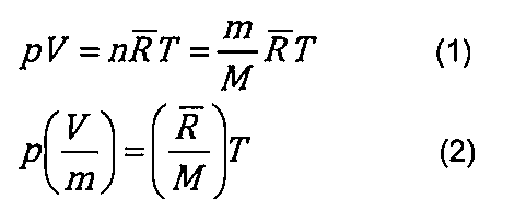Equações (1) pV = nR̄T = (m/M)R̄T e (2) p(V/m) = (R̄/M)T.