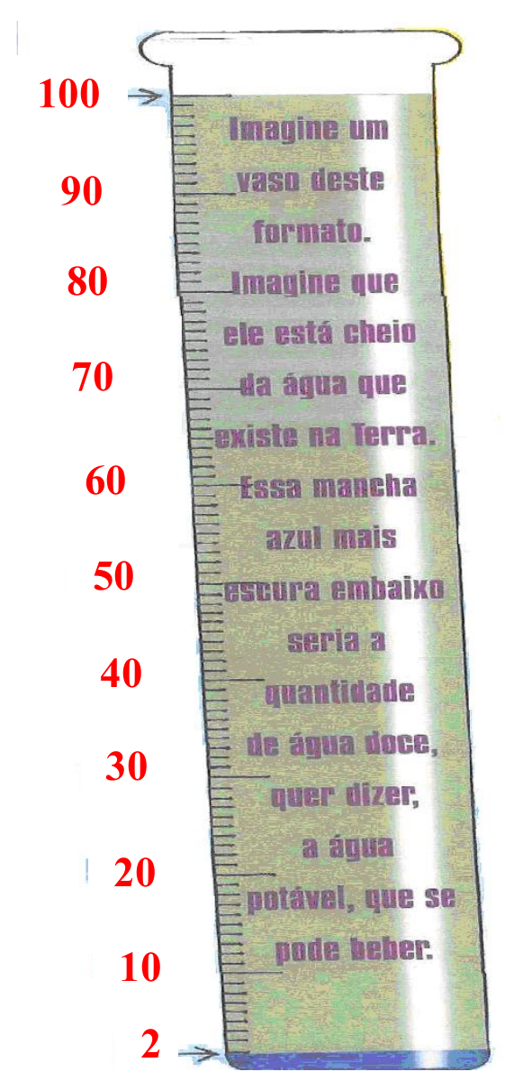 Ilustração de um vaso alto e estreito, como uma proveta graduada, com marcas em vermelho de 100 (no topo) a 10 e 2 (no fundo). Dentro do vaso está escrito: “Imagine um vaso deste formato. Imagine que ele está cheio da água que existe na Terra. Essa mancha azul mais escura embaixo seria a quantidade de água doce, quer dizer, a água potável, que se pode beber.”. No fundo do vaso, abaixo da marca 2, há uma faixa azul mais escura.