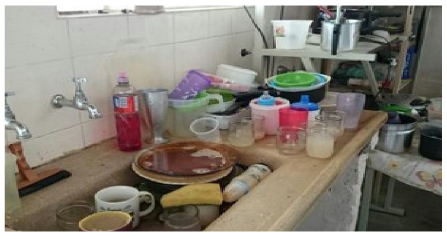 Fotografia de uma pia com louça suja acumulada: pratos, copos, potes e panelas.