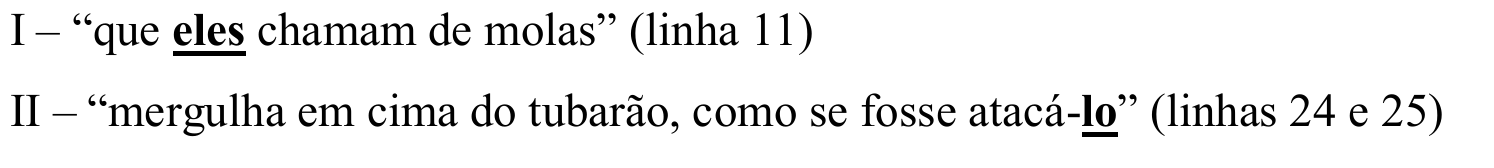 Fragmentos: I – “que eles chamam de molas” (linha 11); II – “mergulha em cima do tubarão, como se fosse atacá-lo” (linhas 24 e 25). Os pronomes “eles” (fragmento I) e “lo” (fragmento II) estão em negrito e sublinhados.