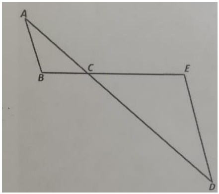 Figura: segmentos AB e DE ligados por dois segmentos que se cruzam em C. A está no alto à esquerda, B logo abaixo de A; o segmento BE é horizontal, com C entre B e E; o segmento AD desce de A, passa por C e termina em D, no canto inferior direito, abaixo de E; D liga-se a E.