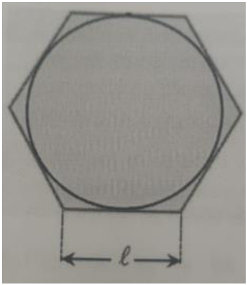 Figura: hexágono regular com uma circunferência inscrita, tangente aos seis lados; o lado inferior do hexágono está cotado com a medida ℓ.