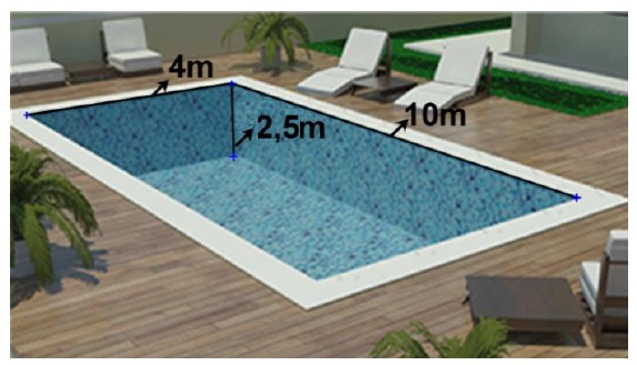 Ilustração de uma piscina retangular com as medidas 4m, 2,5m (profundidade) e 10m.