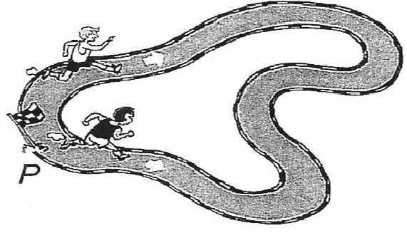 Desenho de uma pista de corrida sinuosa com dois corredores e uma bandeira quadriculada no ponto de partida, marcado com a letra P.