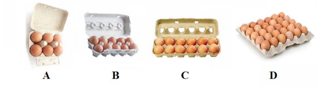 Fotografias de quatro embalagens de ovos: A, caixa com 6 ovos; B, caixa com 10 ovos; C, caixa com 12 ovos; D, bandeja com 30 ovos.