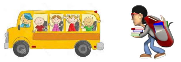 Ilustração de um ônibus escolar com crianças e de um estudante caminhando com mochila e livros.