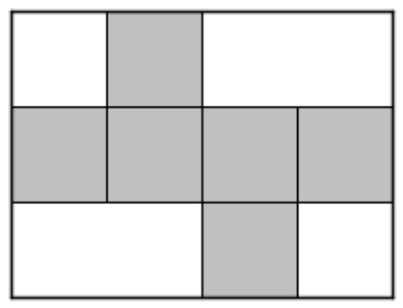 Folha retangular dividida em 3 linhas por 4 colunas de quadrados iguais; seis quadrados cinza formam a planificação de um cubo: o 2º da 1ª linha, os quatro da 2ª linha e o 3º da 3ª linha.