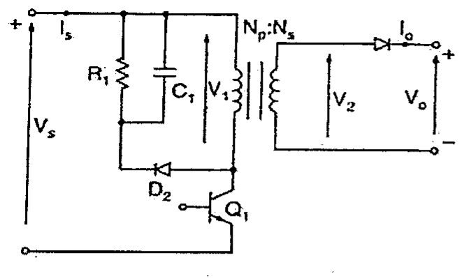 Diagrama de circuito de fonte de alimentação com fonte Vs, resistor R1 e capacitor C1 em paralelo com o enrolamento primário Np, diodo D2, transistor Q1, transformador Np:Ns, secundário com tensão V2, diodo de saída e tensão de saída Vo; correntes Is e Io indicadas.