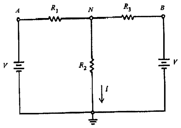 Circuito com duas fontes de tensão V nos ramos externos, pontos A, N e B; R1 entre A e N, R3 entre N e B, R2 entre N e o terra, com a corrente I indicada para baixo em R2.