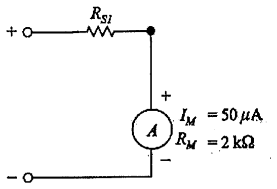 Voltímetro formado por resistor RS1 em série com galvanômetro A, com IM = 50 μA e RM = 2 kΩ, entre os terminais + e −.