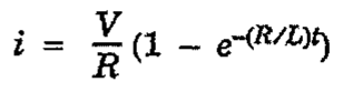 Equação: i = (V/R)(1 − e elevado a −(R/L)t).