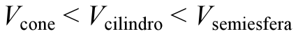 V com índice cone menor que V com índice cilindro menor que V com índice semiesfera