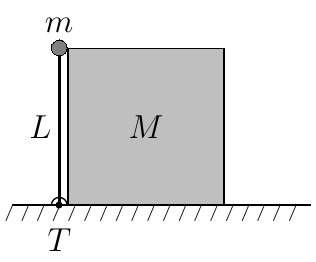 Haste vertical de comprimento L articulada em T no solo, com a massa m na extremidade superior encostada na quina superior esquerda de um bloco de massa M.