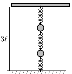 Sistema vertical entre o teto e o solo, separados por 3ℓ: mola, massa, mola, massa e mola, em sequência.