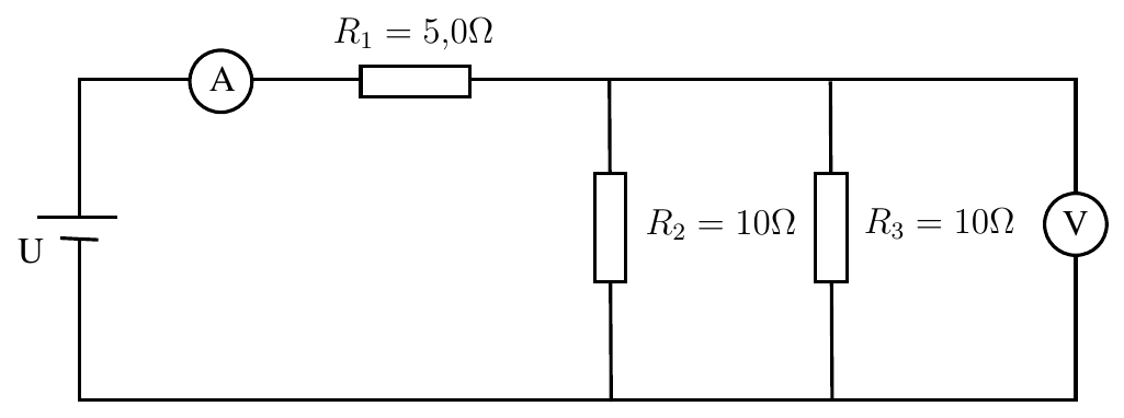 Circuito: fonte U em série com o amperímetro A e com R₁ = 5,0 Ω, seguidos de R₂ = 10 Ω, R₃ = 10 Ω e o voltímetro V ligados em paralelo.