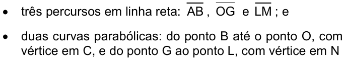 Lista: três percursos em linha reta: segmentos AB, OG e LM; e duas curvas parabólicas: do ponto B até o ponto O, com vértice em C, e do ponto G ao ponto L, com vértice em N.