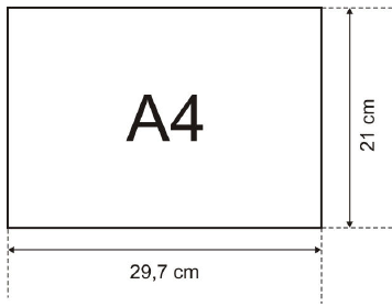 Retângulo com a inscrição A4, medindo 29,7 cm de largura e 21 cm de altura.