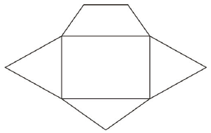 Planificação do envelope: retângulo central com um trapézio isósceles sobre o lado superior, um triângulo sob o lado inferior e um triângulo em cada lado menor (esquerdo e direito).