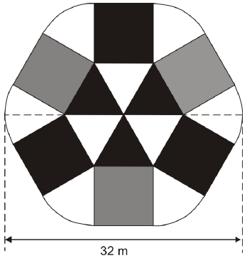 Quadro formado por um hexágono regular dividido em seis triângulos (alternadamente pretos e brancos), seis quadrados apoiados nos lados do hexágono (pretos e cinza) e seis setores circulares brancos entre os quadrados; uma cota horizontal indica 32 m na largura total, com linha tracejada passando pelos vértices laterais do hexágono.