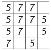 Tabuleiro 4 por 4 com a partida em andamento. Linha 1: 5, 7, 7, vazio. Linha 2: 5, 7, 7, 5. Linha 3: 5, 7, vazio, 5. Linha 4: 7, vazio, 5, vazio.