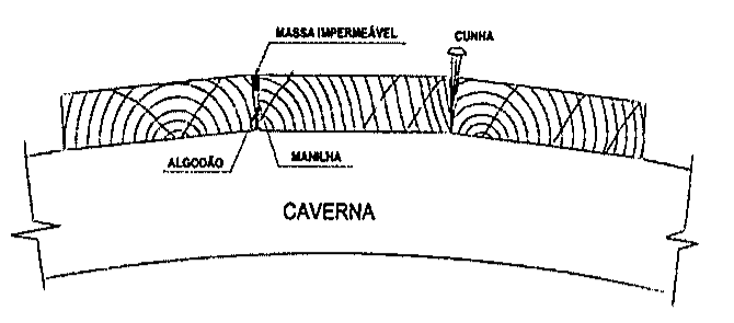 Corte transversal de pranchas do casco apoiadas sobre a caverna, com indicação, na junta entre as pranchas, de algodão, manilha e massa impermeável, e de uma cunha cravada na outra junta.