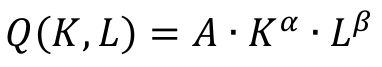 Fórmula: Q(K, L) = A · K elevado a alfa · L elevado a beta.