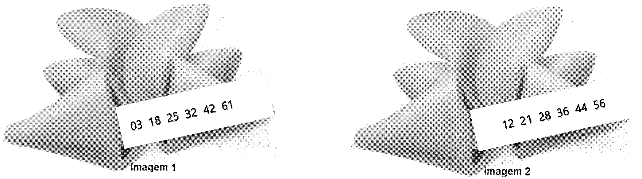 Duas fotos de biscoitos da sorte abertos com papéis numerados. Imagem 1: papel com os números 03 18 25 32 42 61. Imagem 2: papel com os números 12 21 28 36 44 56.