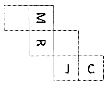Planificação em escada: primeira linha com um quadrado em branco e um com M; segunda linha, abaixo do M, um quadrado com R e outro em branco; terceira linha, abaixo desse quadrado em branco, um quadrado com J e outro com C. Letras em orientações diferentes, conforme a figura.