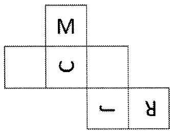 Planificação: quadrado com M no alto; abaixo dele, linha com um quadrado em branco, um com C e outro em branco; abaixo deste último, linha com um quadrado com J e outro com R. Letras em orientações diferentes, conforme a figura.