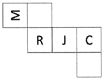 Planificação: primeira linha com um quadrado com M e um em branco; segunda linha, iniciando abaixo do quadrado em branco, com quadrados R, J e C; abaixo do C, um quadrado em branco. Letras em orientações diferentes, conforme a figura.
