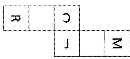 Planificação: primeira linha com quadrados R, em branco e C; segunda linha, iniciando abaixo do C, com quadrados J, em branco e M. Letras em orientações diferentes, conforme a figura.